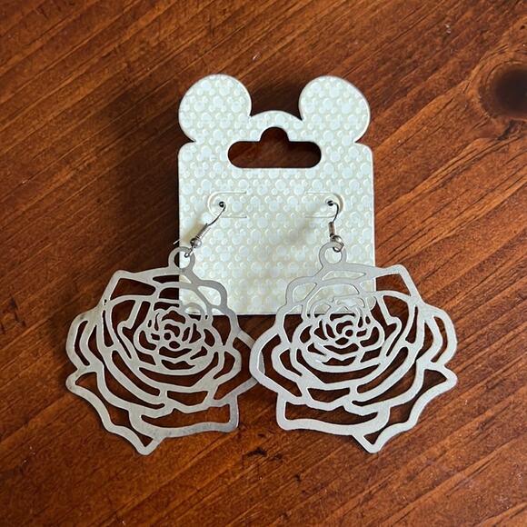 Disney Parks Silver Tone Rose Drop Earrings New on Card Beauty and the Beast - Picture 1 of 3